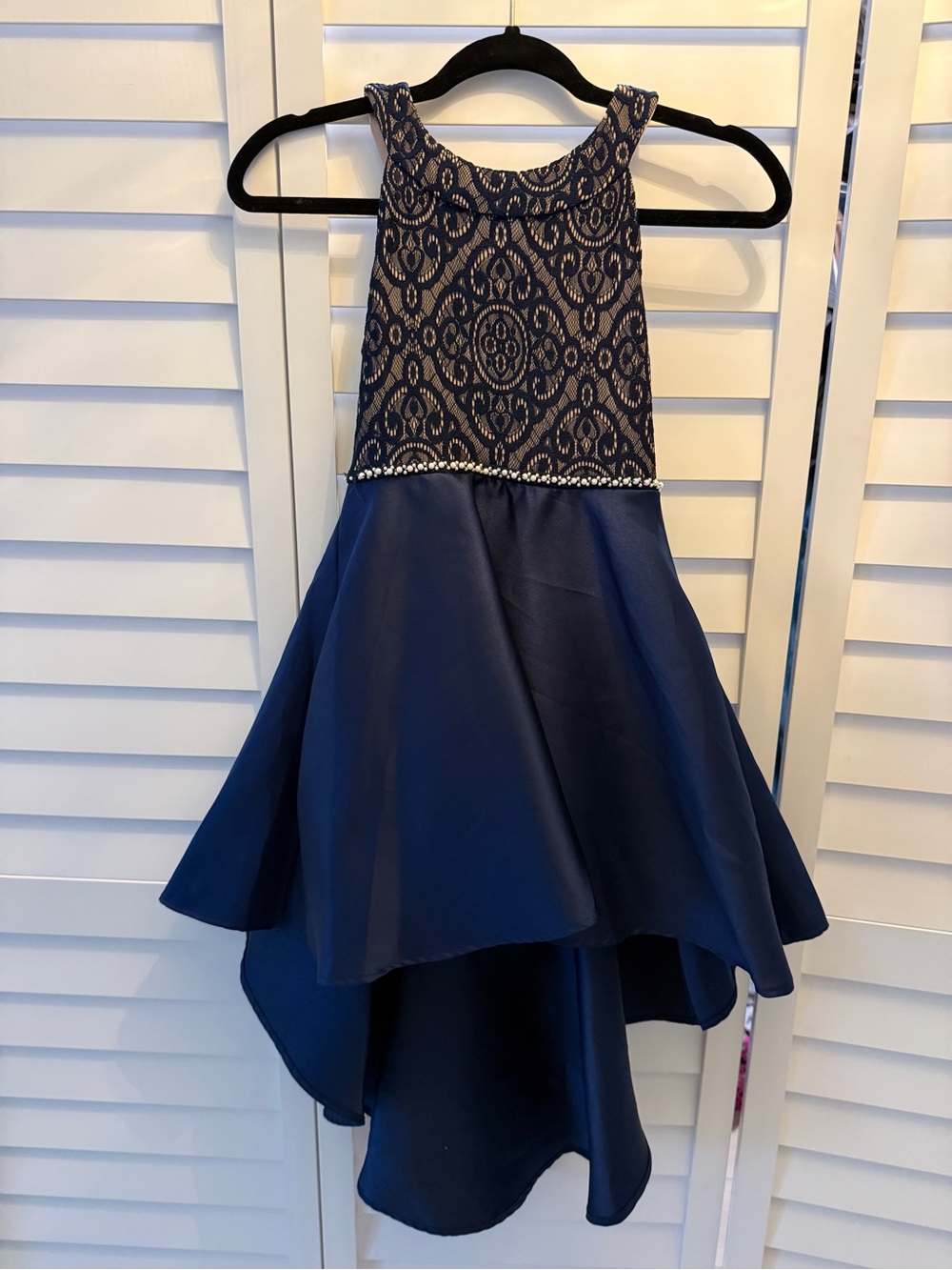 Speechless Navy Lace High-Low Party Dress with Beaded Waist